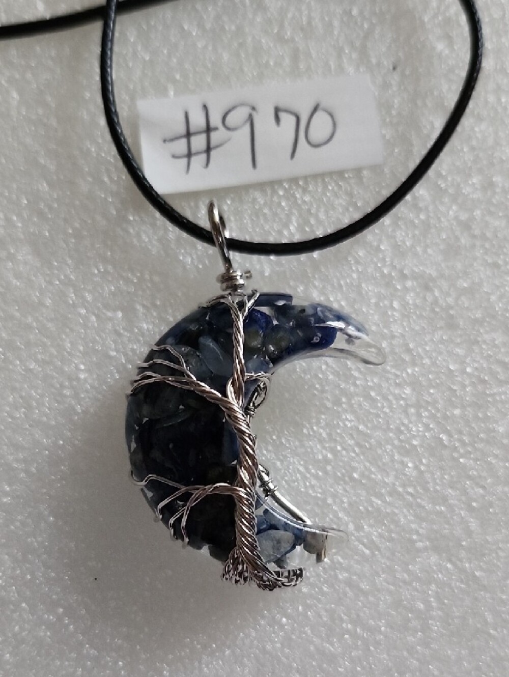 Hand Crafted Navy Blue Crescent Moon Wire-Wrapped Pendant Necklace - Picture 2 of 7